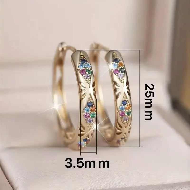 A Pair Dainty Rose Gold Leaf Hoop Earrings with Multicolor Zircon Vintage Hoolow Out Design
