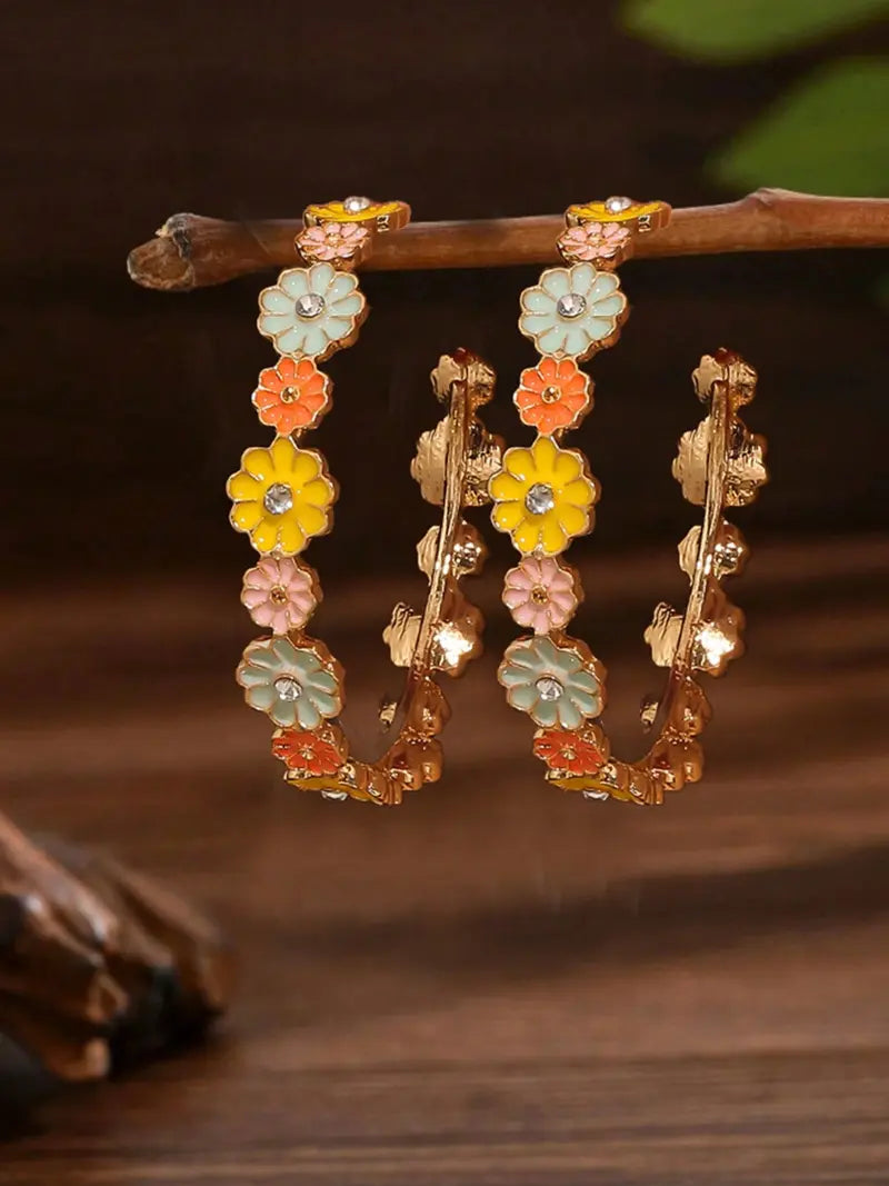 1 Pair Cute Floral Resin Druzy Durable Alloy Hoops Shape Earrings