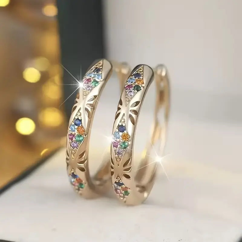 A Pair Dainty Rose Gold Leaf Hoop Earrings with Multicolor Zircon Vintage Hoolow Out Design