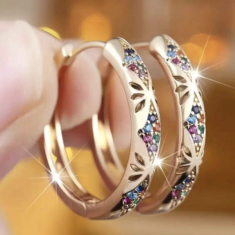 A Pair Dainty Rose Gold Leaf Hoop Earrings with Multicolor Zircon Vintage Hoolow Out Design