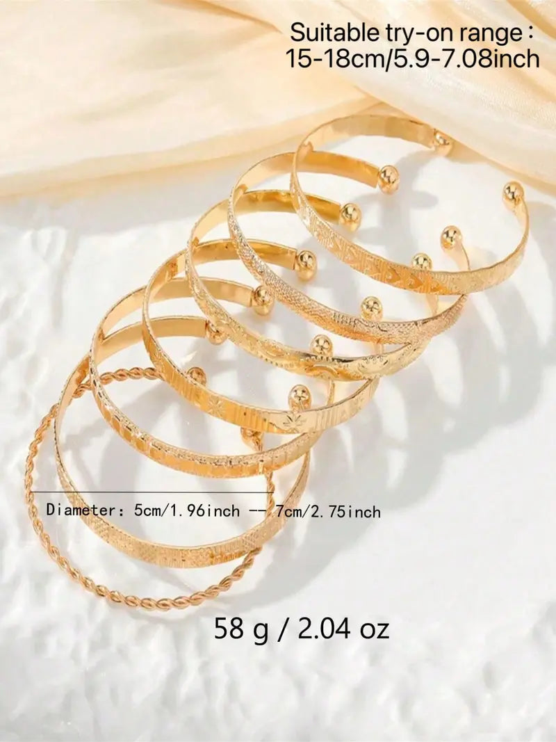 7-Piece set Women's Gold Bangle Set Gold-Plated Stackable Open Cuffs & Classic Embossed Designs, Minimalist Layering Jewelry, Stack Bangles, Perfect Gift For Her, Suitable For Women's Everyday And Vacation Outfits, Bracelets Stack