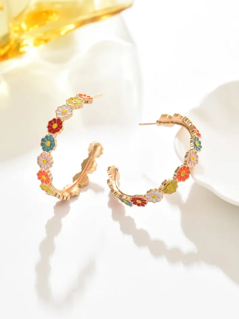 1 Pair Cute Floral Resin Druzy Durable Alloy Hoops Shape Earrings