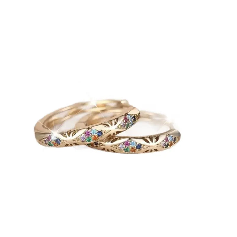 A Pair Dainty Rose Gold Leaf Hoop Earrings with Multicolor Zircon Vintage Hoolow Out Design