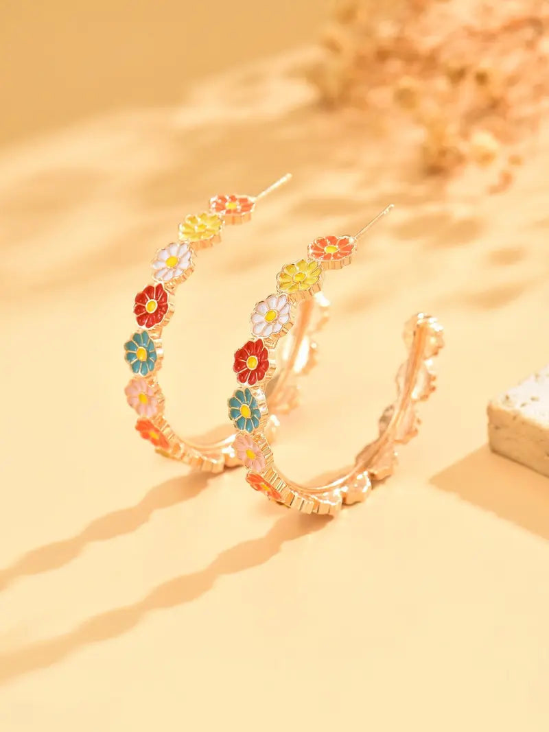1 Pair Cute Floral Resin Druzy Durable Alloy Hoops Shape Earrings
