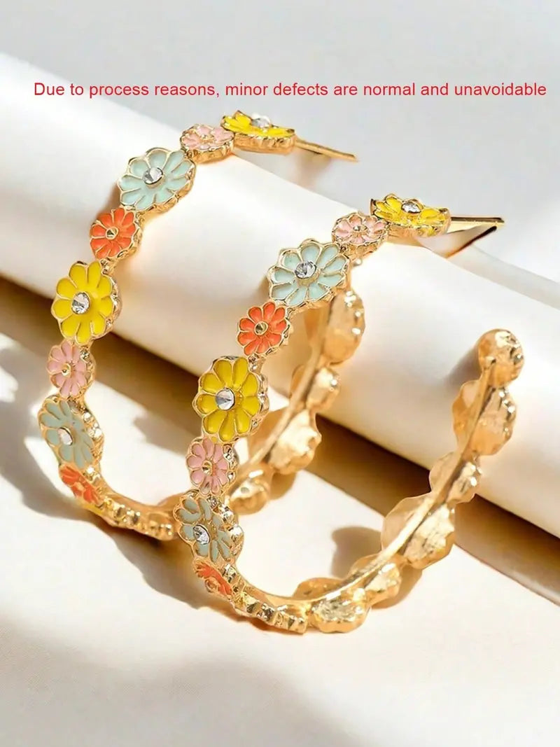 1 Pair Cute Floral Resin Druzy Durable Alloy Hoops Shape Earrings