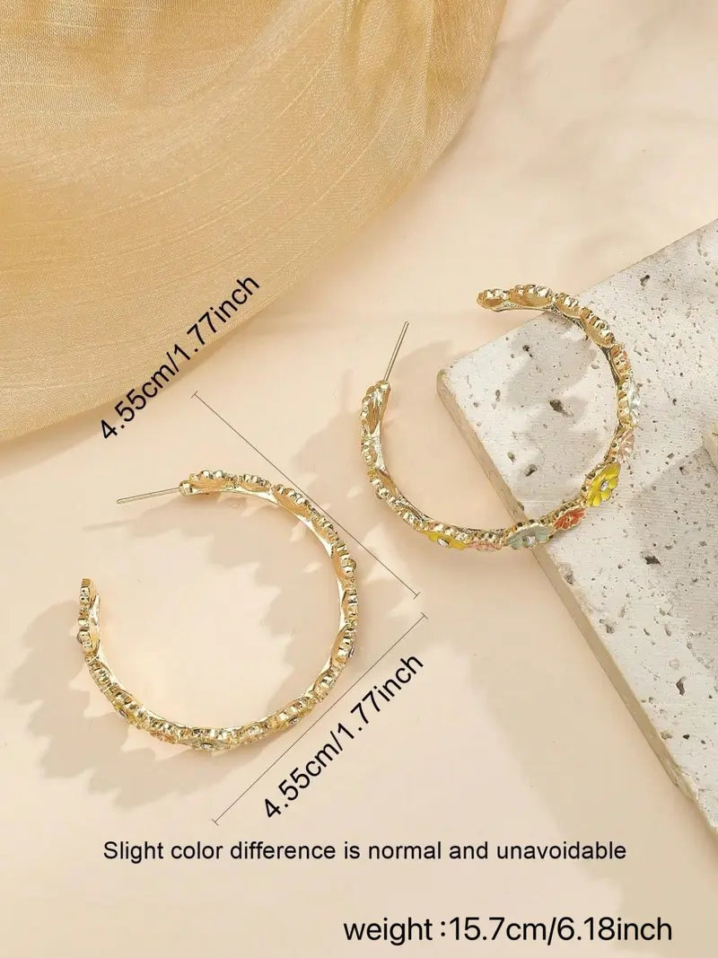 1 Pair Cute Floral Resin Druzy Durable Alloy Hoops Shape Earrings