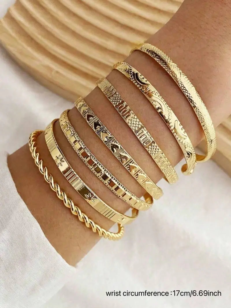 7-Piece set Women's Gold Bangle Set Gold-Plated Stackable Open Cuffs & Classic Embossed Designs, Minimalist Layering Jewelry, Stack Bangles, Perfect Gift For Her, Suitable For Women's Everyday And Vacation Outfits, Bracelets Stack