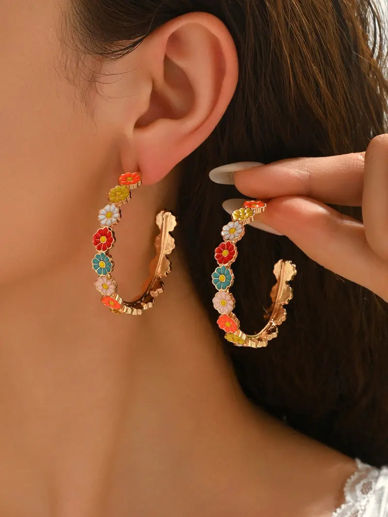 1 Pair Cute Floral Resin Druzy Durable Alloy Hoops Shape Earrings