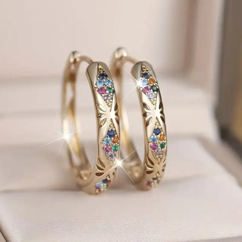 A Pair Dainty Rose Gold Leaf Hoop Earrings with Multicolor Zircon Vintage Hoolow Out Design