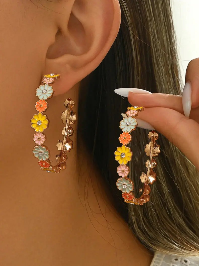 1 Pair Cute Floral Resin Druzy Durable Alloy Hoops Shape Earrings